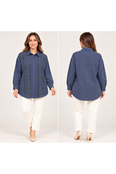 saloon collection Women's Embroidered Oversized Shirt Tunic with Beaded Detai...