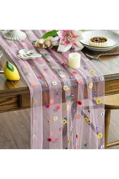 Artoid Mode مفرش طاولة من الشاش المطرز بالزهور الوردية مقاس 25×120 بوصة