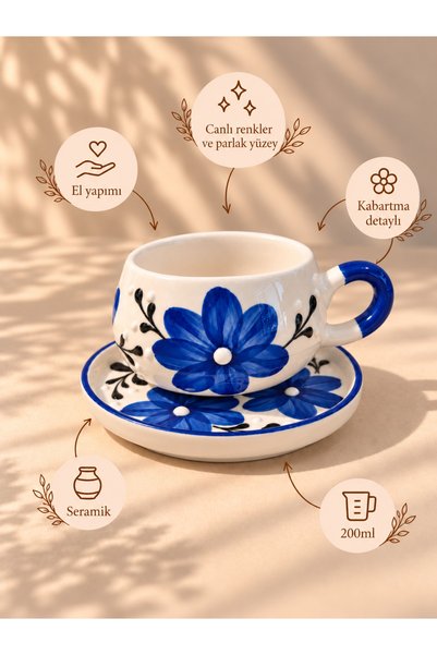 ASSERAMİK Lacivert çiçek desenli el yapımı seramik tabaklı çay/kahve fincanı,...