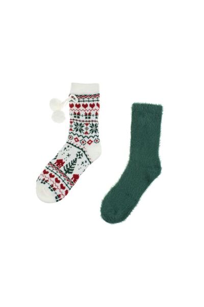Jumbo Sosete Pufoase de Craciun Verzi Ecru Jacquard (36-42) - 2 perechi