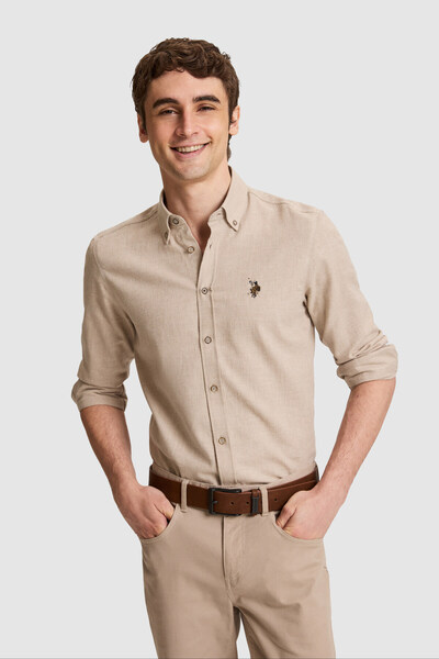 U.S. Polo Assn. Men's Dark Beige Slim Fit Long Sleeve Basic Shirt 50329699-Vr088