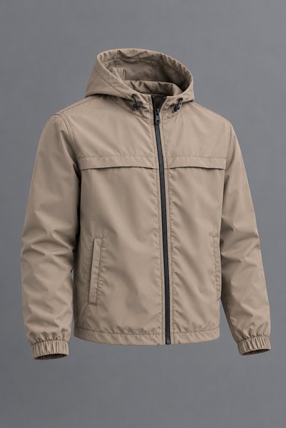 DAMGA JEANS Men's Spring Beige Raincoat with Stand-Up Collar, Hood, and Zipper.
