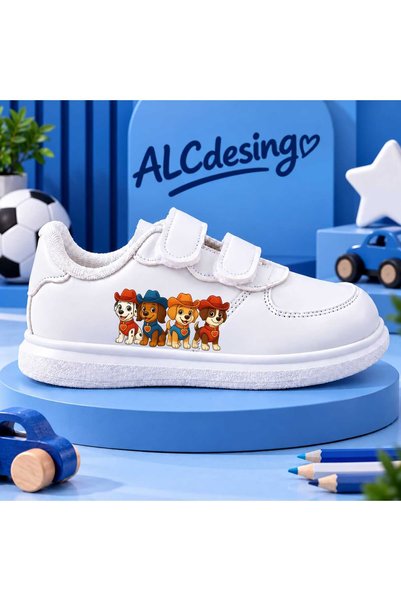 alcdesing حذاء رياضي أبيض للأطفال، مزين بشريط لاصق، بتصميم مطبوع، مناسب للاست...