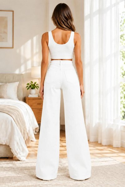 we-rayss Marlowe Yüksek , Likralı Palazzo-Bol Paça Kadın Jean - Wide Leg