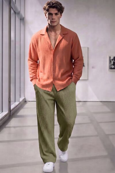 NO 601 Men's Salmon Pink Crinkled Shirt and Green Pants Set.