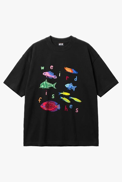Bak Moda تي شيرت أسود كبير الحجم مطبوع عليه أسماك غريبة للجنسين