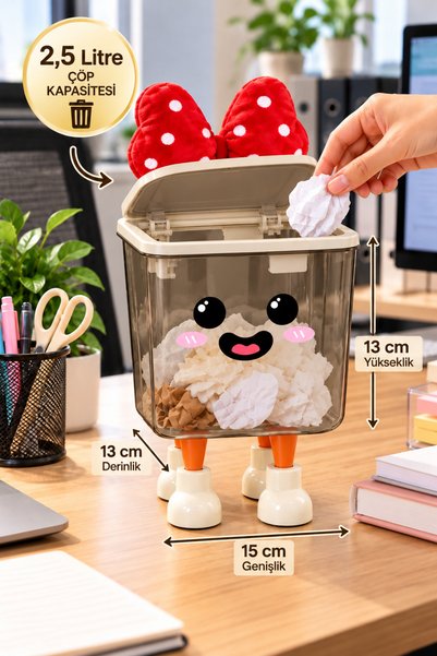 ARVALE MİNNİE 2,5 Litre Fiyonklu Füme Dekoratif Mini Çöp Kovası – Click Kapak...