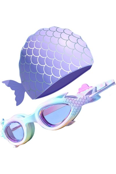 OASISGALORE Swimming Cap & Goggles Set for Kids, Waterproof Silicone Bathing ...