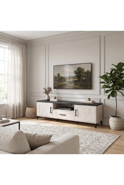 Ebticar Modern Tv Stand with Drawer and Storage Shelves - Off White and Black