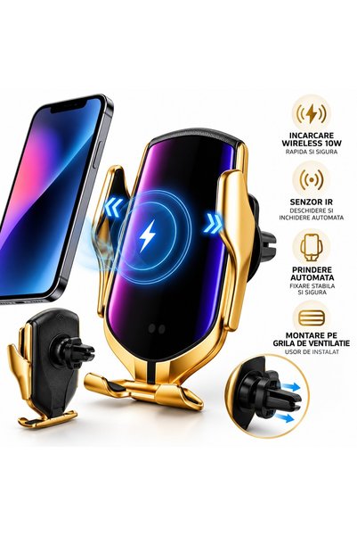 Fabrilux Car Phone Holder with Wireless Charging, Black- Gilded