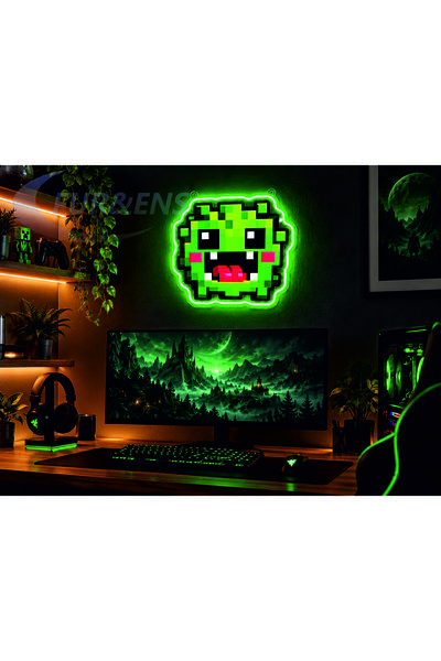fur&ens Piksel Canavar Yeşil Neon LED Işıklı Duvar Dekoru 40x45 cm Oyuncu Odası Pleksi Tablo
