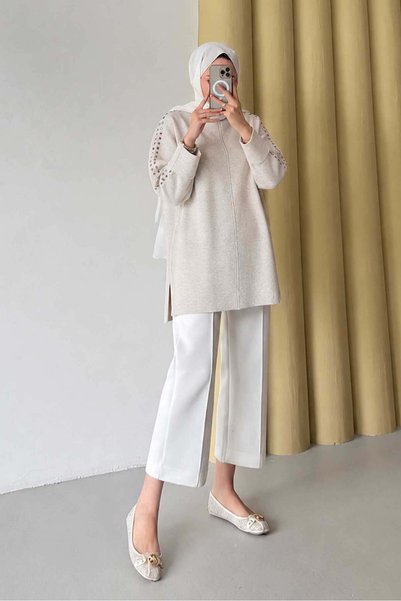 Rimel Moda Taş Detaylı Triko Tunik Taş