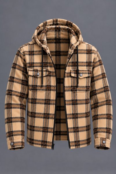 DAMGA JEANS Men's Hooded Double-Pocket Plaid Camel Lumberjack Shirt