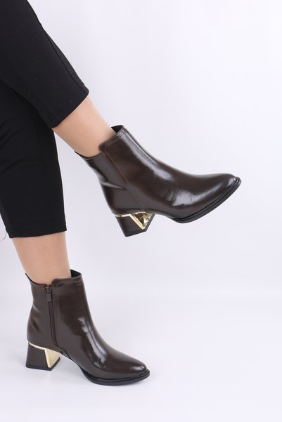 AĞCA AYAKKABI Women's Patent Leather Zippered Boots with Gold Details and Thi...
