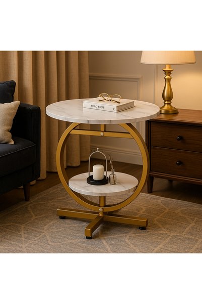 Vivendo Masuta de cafea rotunda cu design tip marmura, 2 nivele de depozitare