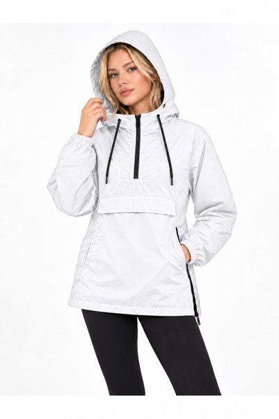 modazoom Unisex Kapüşonlu Su Geçirmez Yarım Fermuarlı Kanguru Cepli Beyaz Yağ...