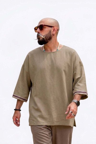 SLN COLLECTİON Harem Style Viscose Linen T-Shirt - Khaki