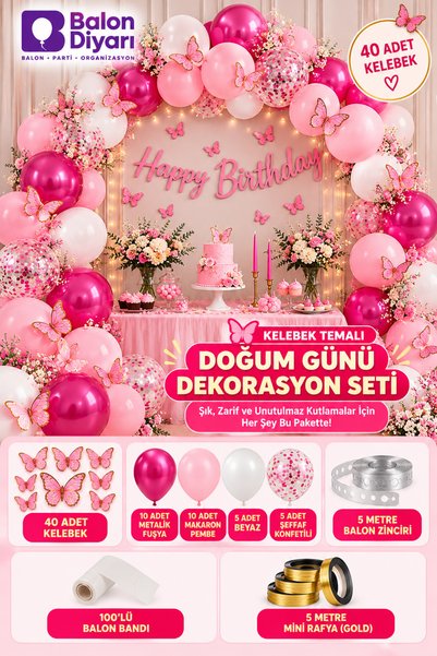 BALON DİYARI Happy Birthday Yazı Koyu Pembe Konfetili 30 Adet Balon ve 30 Ade...