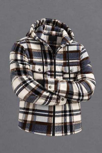 DAMGA JEANS Men's Hooded Plaid Blue Lumberjack Shirt with Double Pockets