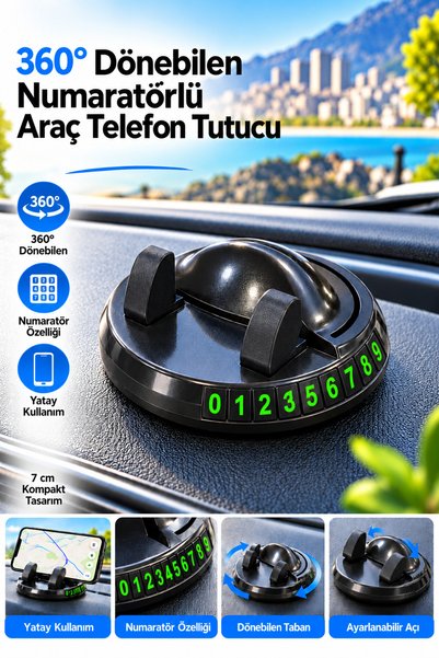 DEMPOWER 360° Dönebilen Numaratörlü Araç İçi Telefon Tutucu ve Park Numaratörü