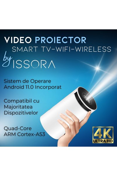 OEM PRO Proiector video portabil - Smart 4K Ultra HD, luminozitate 200 ANSI, 7000 lumeni, Android 11, WIFI6, Bluetooth 5.0, difuzor, autofocus, proiecție reglabilă de 130 inch, rotație la 180 de grade