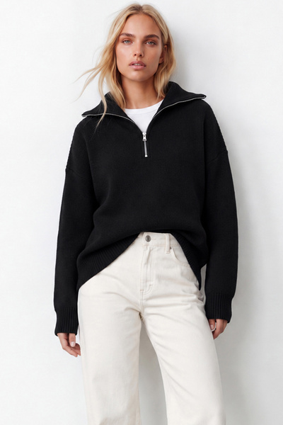 Trend Alaçatı Stili Women's Black Half-Zip Knit Sweater Alc-X16038