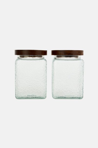 Gourmet 2 Piece Pebbled Textured Glass Jar Set With Acacia Lids 701 ml, Trans...
