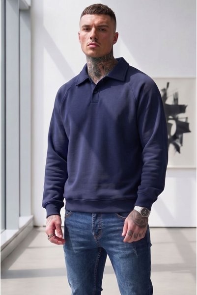 CAST COLLECTİON Men's Navy Blue Button-Detailed Jersey Sweatshirt