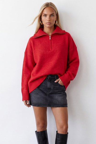Trend Alaçatı Stili Women's Red Half-Zip Knit Sweater Alc-X16038
