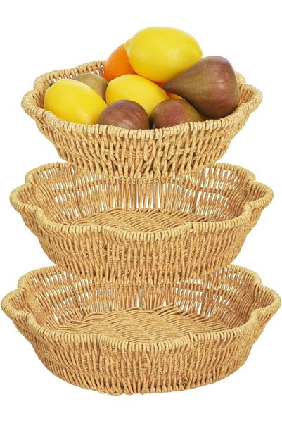 Yelajoy 3 Pack Poly Wicker Bread Baskets, Imitation Rattan Stackable Fruit Ba...