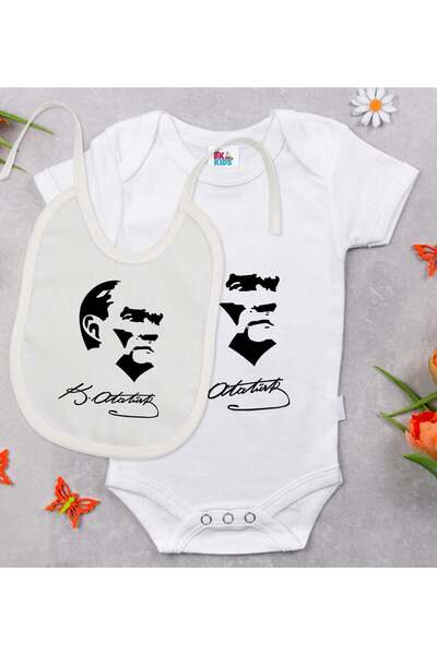 Bk Gift Bk Kids Atatürk-Themed White Baby Bodysuit and Bib Gift Set - 24, 0-3...