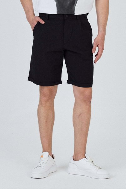 SLN COLLECTİON Zippered Linen Shorts with Single Back Pocket-Black