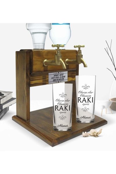 Bk Gift Kişiye Özel Renkli Baskılı Olursa Olur Tasarımlı İkili Rakı Bardağı ve Çift Musluklu Doğal Ahşap Rak