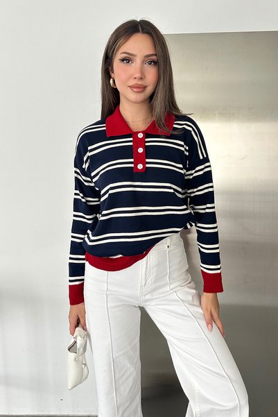 Noa&Noa Women's Slim-Fit Striped Polo Neck Button-Down Knit Sweater, Relaxed ...