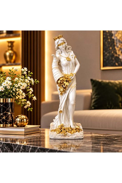 Vivendo Statuetă Decorativă Premium „Zeița Abundenței”, Alb-Auriu, din Rășină...