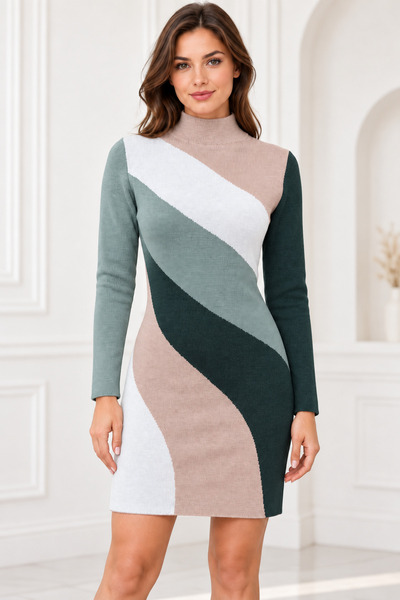 AQE FASHION Ženska mini haljina sa dugim rukavima, polurolkom, geometrijskim ...