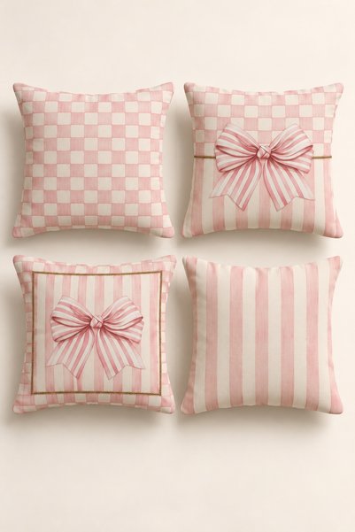 Varbifırsat Set of 4 Rose Ribbon Pink Bow Checkered and Striped Pillow Covers...