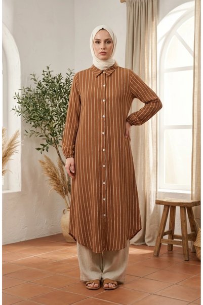 sefamerve Muslin Fabric, Button-Down Striped Tunic 0342-02, Brown.