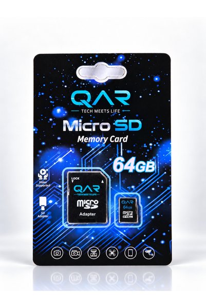 QAR MicroSDXC Hafıza Kartı 64 GB, SD Adaptörlü, U1 Class 10, 100 MB/s