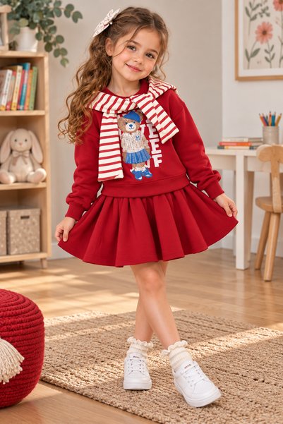 SERPİL Girls' Teddy Bear Print Sweatshirt and Pleated Skirt Set – With Stripe...