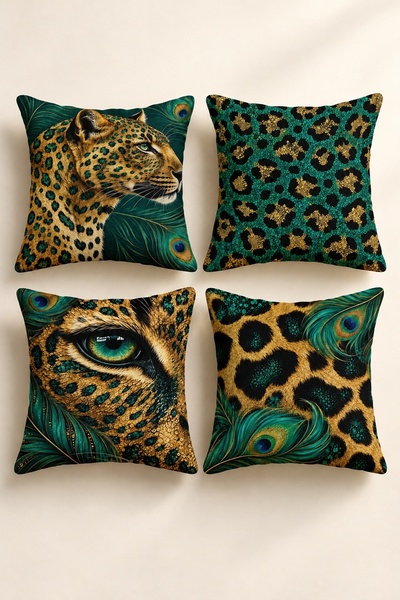 Varbifırsat Set of 4 Emerald Safari Green Leopard and Peacock Feather Pillow ...