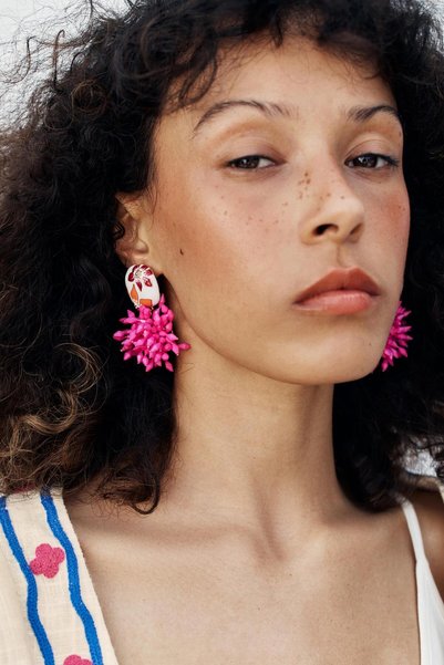 PULLEAR Marka Zr Model Earrings with Resin and Pink Bead Details