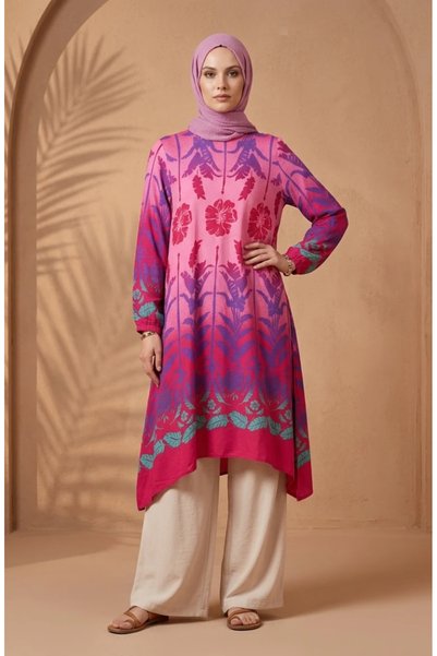 sefamerve Viscose Fabric Patterned Tunic 1008-03 Fuchsia Rose Brown