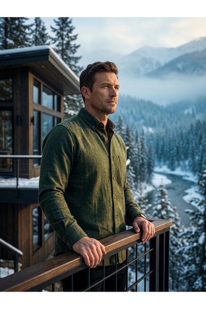 SÜVARİ Loose Fit Flannel Winter Cotton Green Shirt with Pockets