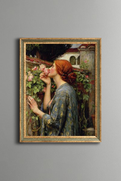 epiqart امرأة تستمع إلى روح الزهور - لوحة فنية بنقشة عتيقة - تصميم أنيق.