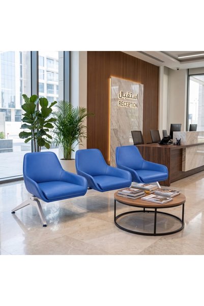 OTATH Metal 3-Seat Waiting Bench with Faux Leather Upholstery - Blue