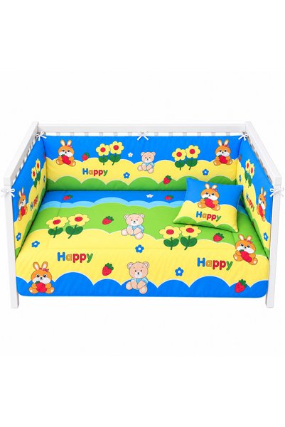 OEM Set lenjerie patut bebe din bumbac percale, 5 piese, Happy animals