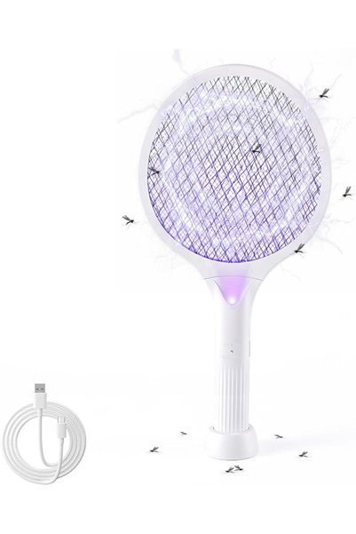 Generic Electric Fly Swatter, 2-in-1 Rechargeable Bug Zapper Racket, White