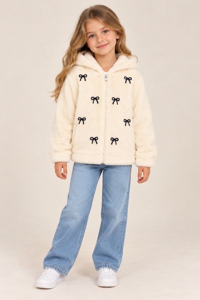 SANTRALBEBE Girls' Welsoft Hooded Cardigan with Ribbon Embroidery and Front Z...
