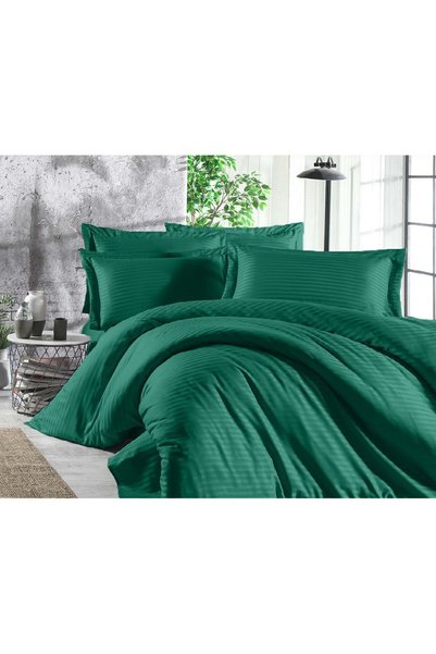 OEM Lenjerie de pat matrimoniala 4 piese Damasc, dunga 1 cm, husa cu elastic,...